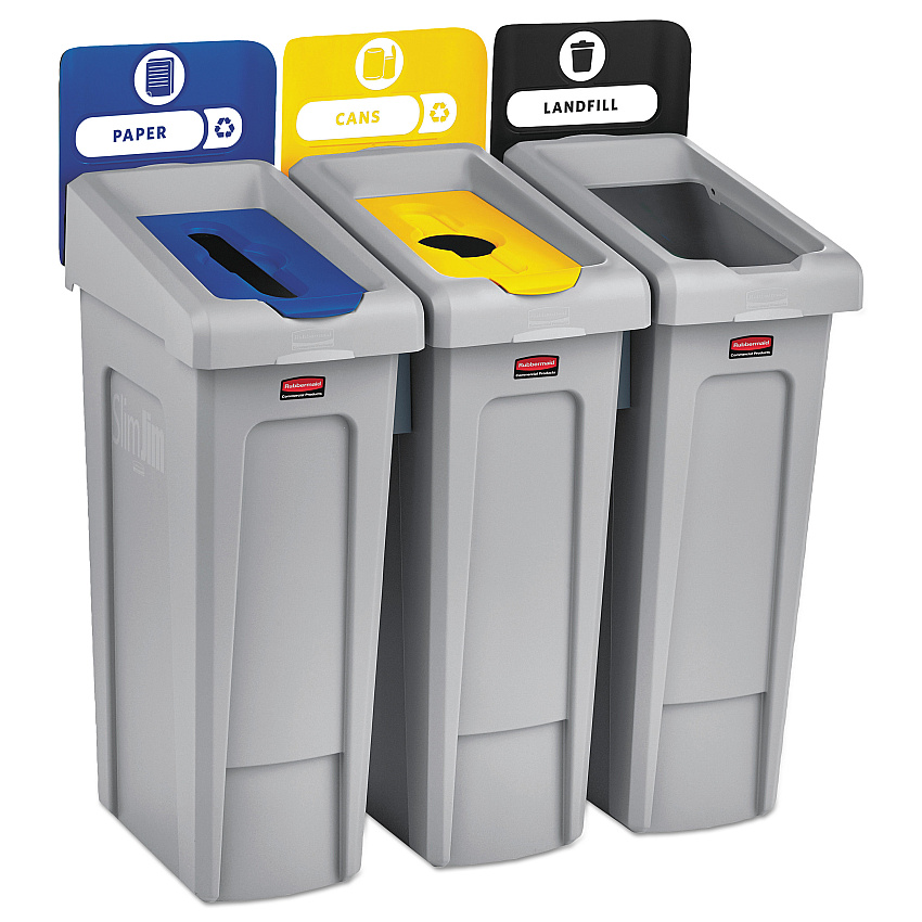 Rubbermaid Commercial Slim Jim Recycling Station Kit, 3-Stream Landfill/Paper/Bottles/Cans, 69 gal, Plastic, Blue/Gray/Yellow (2007917)