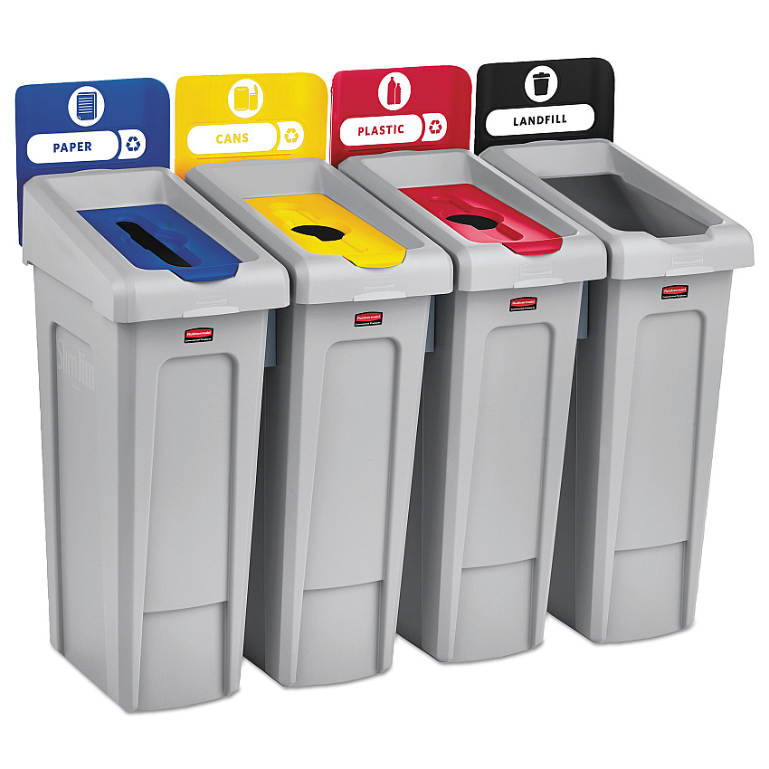 Rubbermaid Commercial Slim Jim Recycling Station Kit, 4-Stream Landfill/Paper/Plastic/Cans, 92 gal, Plastic, Blue/Gray/Red/Yellow (2007919)