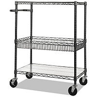 Alera Three-Tier Wire Cart with Basket, Metal, 2 Shelves, 1 Bin, 500 lb Capacity, 34
