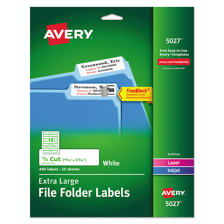 Avery Extra-Large TrueBlock File Folder Labels with Sure Feed Technology, 0.94 x 3.44, White, 18/Sheet, 25 Sheets/Pack (5027)
