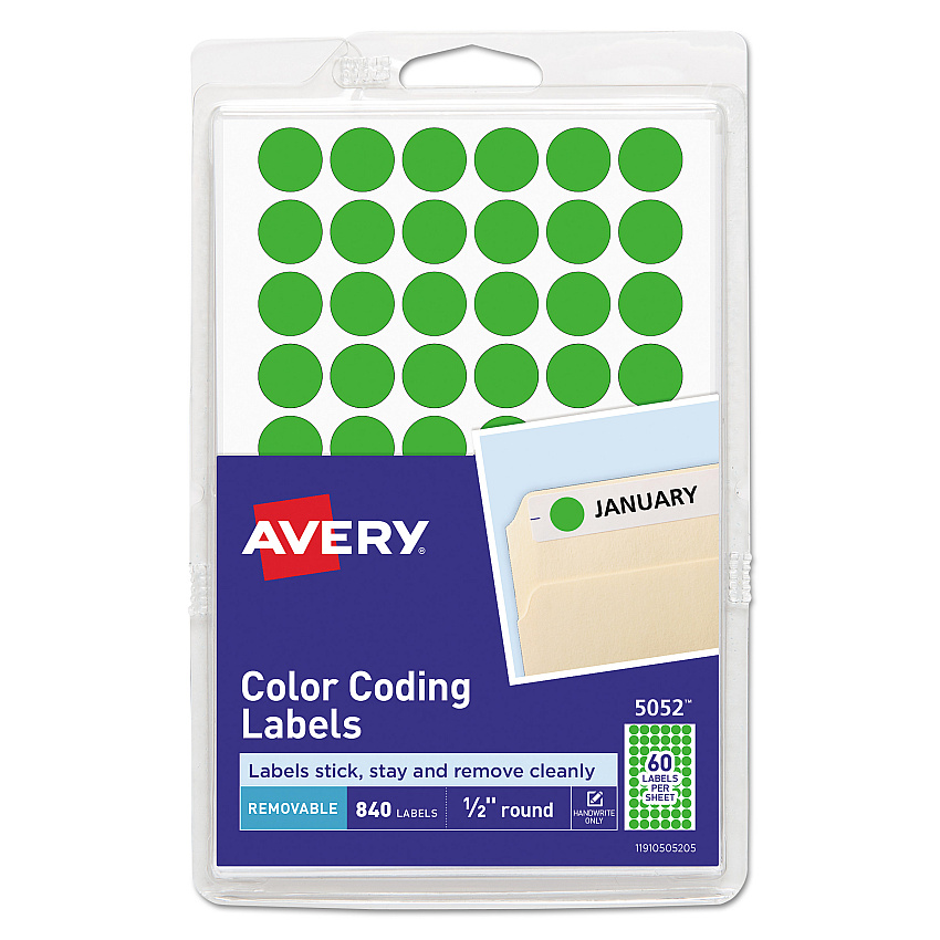 Avery Handwrite Only Self-Adhesive Removable Round Color-Coding Labels, 0.5" dia, Neon Green, 60/Sheet, 14 Sheets/Pack, (5052) (05052)