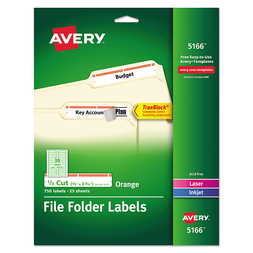 Avery Permanent TrueBlock File Folder Labels with Sure Feed Technology, 0.66 x 3.44, White, 30/Sheet, 25 Sheets/Pack (5166)