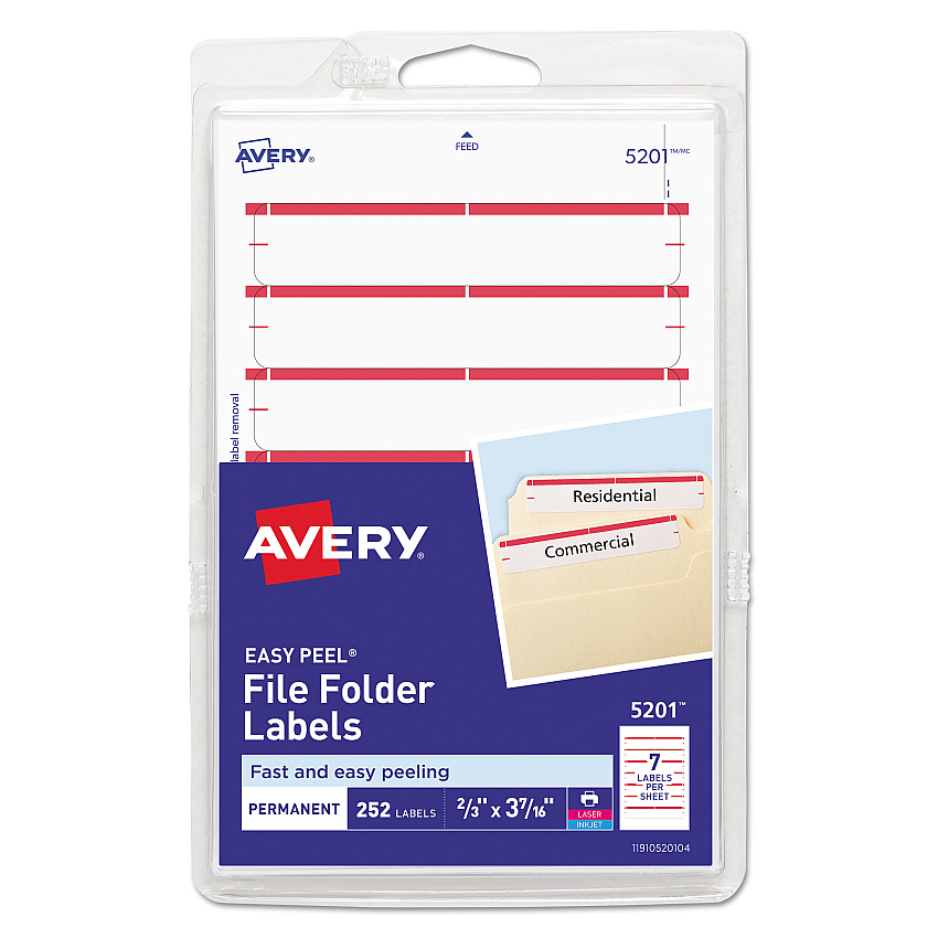 Avery Printable 4" x 6" - Permanent File Folder Labels, 0.69 x 3.44, White, 7/Sheet, 36 Sheets/Pack, (5201) (05201)