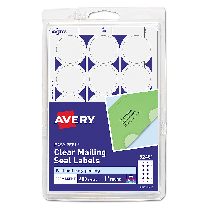 Avery Printable Mailing Seals, 1" dia, Clear, 15/Sheet, 32 Sheets/Pack, (5248) (05248)