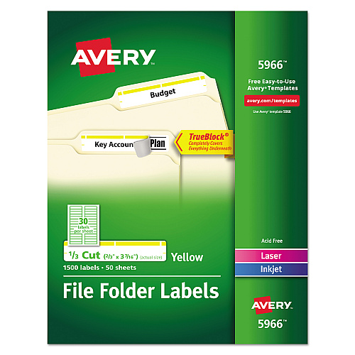 Avery Permanent TrueBlock File Folder Labels with Sure Feed Technology, 0.66 x 3.44, Yellow/White, 30/Sheet, 50 Sheets/Box (5966)