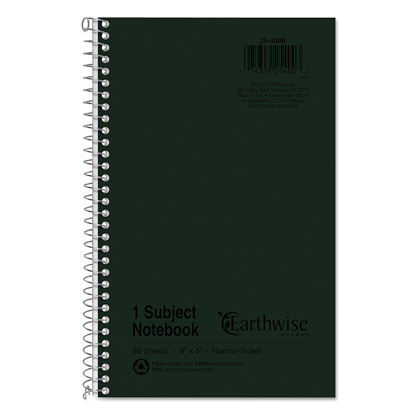 Earthwise by Oxford Recycled One-Subject Notebook, Narrow Rule, Green Cover, (80) 8 x 5 Sheets (25400)