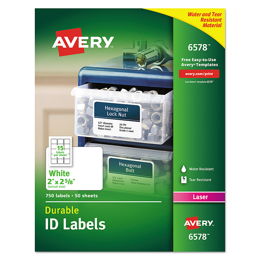 Avery Durable Permanent ID Labels with TrueBlock Technology, Laser Printers, 2 x 2.63, White, 15/Sheet, 50 Sheets/Pack (6578)
