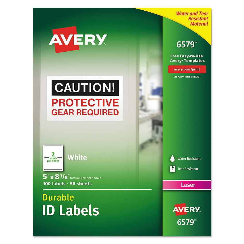 Avery Durable Permanent ID Labels with TrueBlock Technology, Laser Printers, 5 x 8.13, White, 2/Sheet, 50 Sheets/Pack (6579)