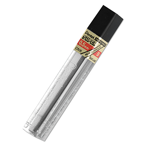 Pentel Super Hi-Polymer Lead Refills, 0.5 mm, B, Black, 12/Tube (C505B)
