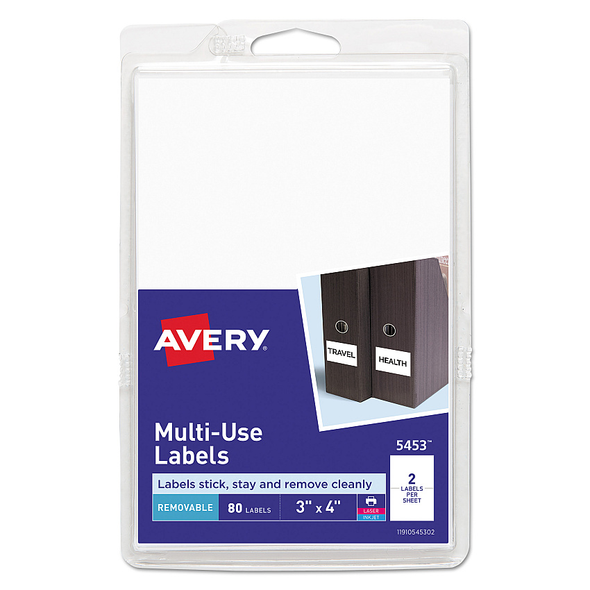 Avery Removable Multi-Use Labels, Inkjet/Laser Printers, 3 x 4, White, 2/Sheet, 40 Sheets/Pack, (5453) (05453)