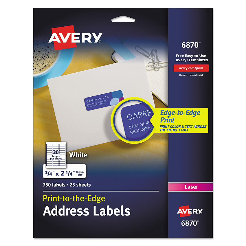Avery Vibrant Laser Color-Print Labels w/ Sure Feed, 0.75 x 2.25, White, 750/PK (6870)