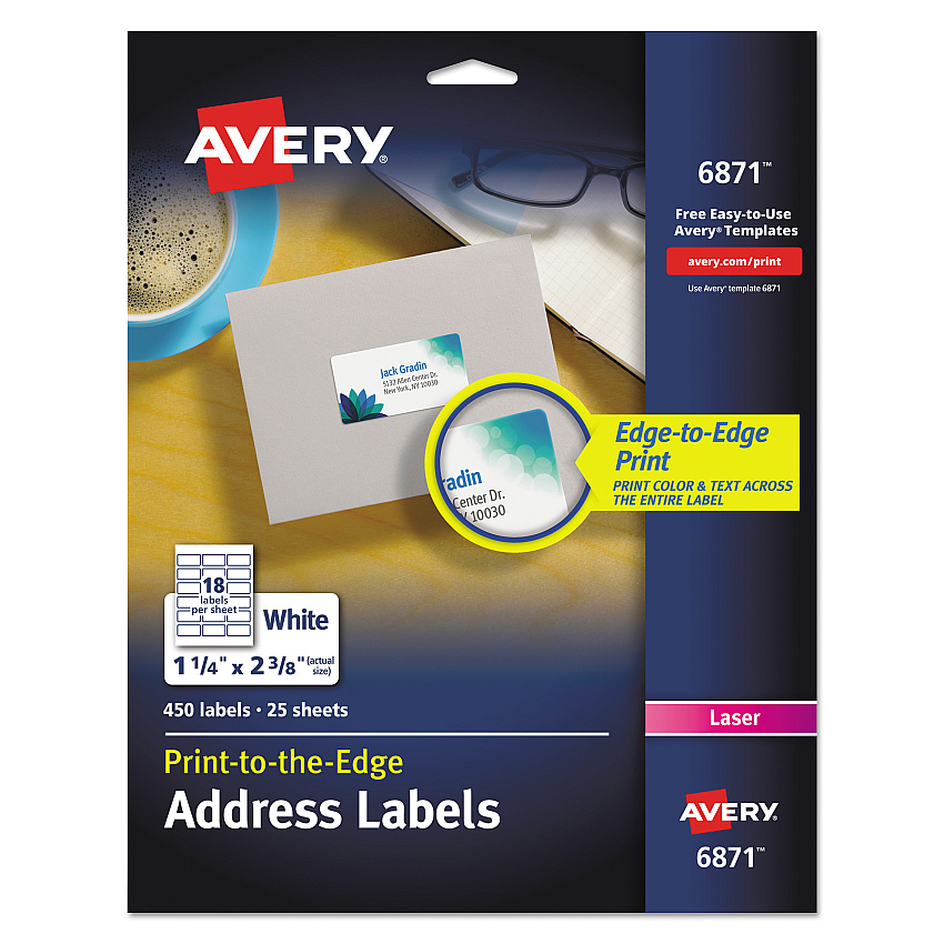 Avery Vibrant Laser Color-Print Labels w/ Sure Feed, 1.25 x 2.38, White, 450/Pack (6871)
