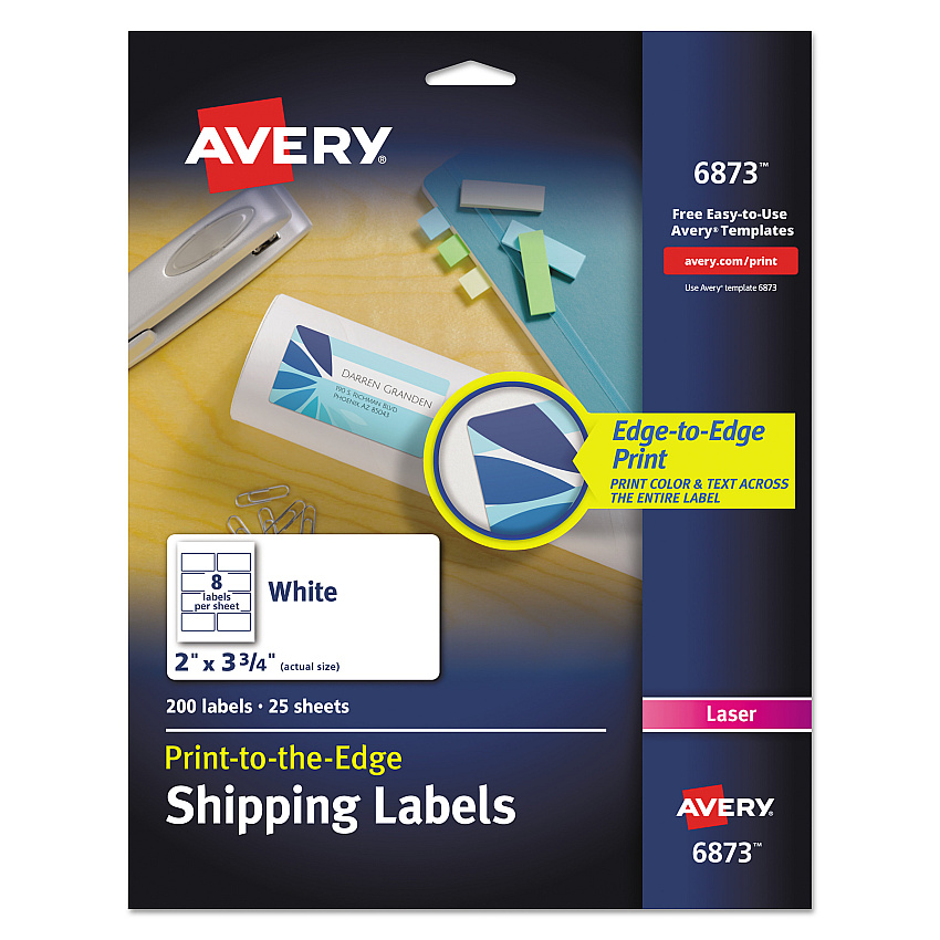 Avery Vibrant Laser Color-Print Labels w/ Sure Feed, 2 x 3.75, White, 200/PK (6873)