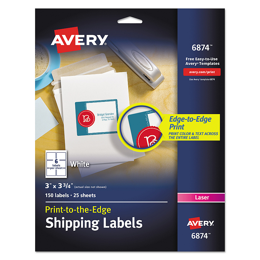 Avery Vibrant Laser Color-Print Labels w/ Sure Feed, 3 x 3.75, White, 150/PK (6874)