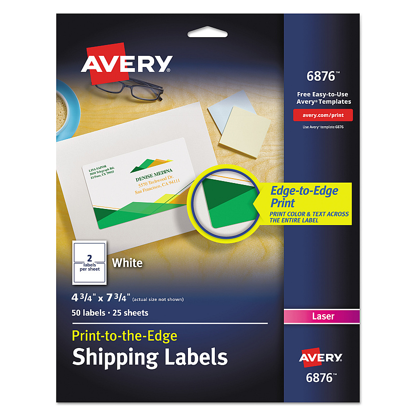 Avery Vibrant Laser Color-Print Labels w/ Sure Feed, 4.75 x 7.75, White, 50/Pack (6876)