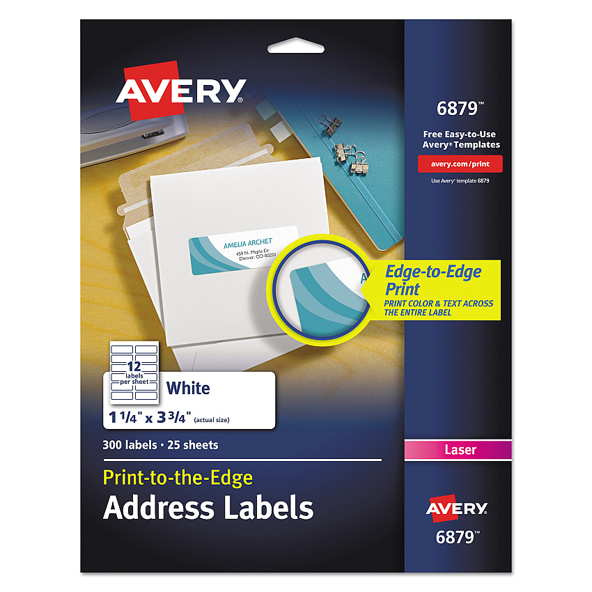 Avery Vibrant Laser Color-Print Labels w/ Sure Feed, 1.25 x 3.75, White, 300/Pack (6879)