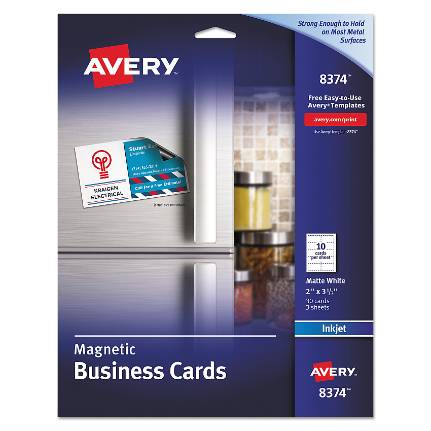 Avery Magnetic Business Cards, Inkjet, 2 x 3.5, White, 30 Cards, 10 Cards/Sheet, 3 Sheets/Pack (8374)