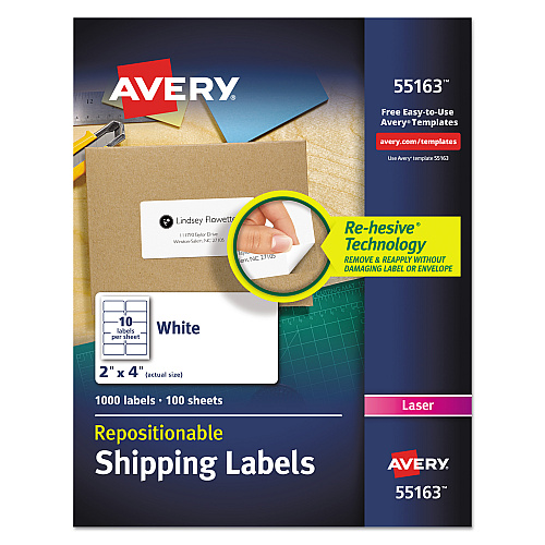 Avery Repositionable Shipping Labels w/Sure Feed, Inkjet/Laser, 2 x 4, White, 1000/Box (55163)