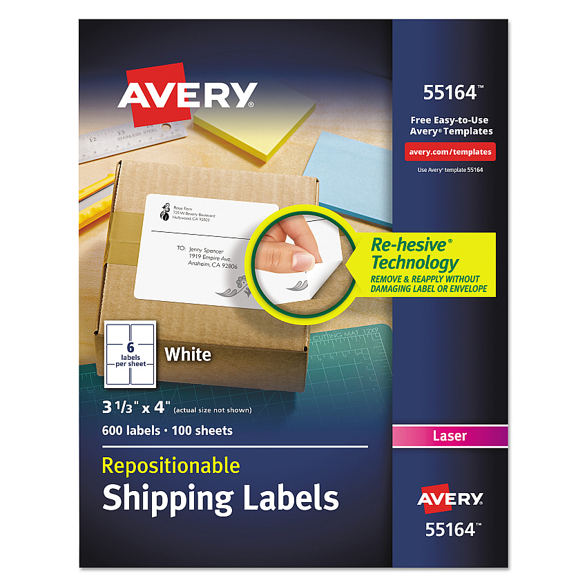 Avery Repositionable Shipping Labels w/SureFeed, Laser, 3.33 x 4, White, 600/Box (55164)