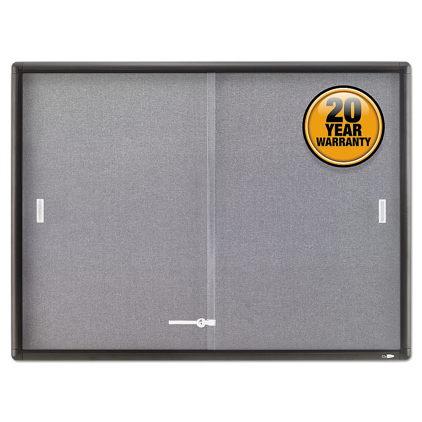Quartet Enclosed Indoor Cork and Gray Fabric Bulletin Board with Two Sliding Glass Doors, 48 x 36, Graphite Gray Aluminum Frame (2364S)