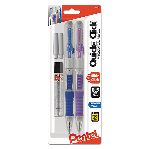 Pentel QUICK CLICK Mechanical Pencils with Tube of Lead/Erasers, 0.5 mm, HB (#2), Black Lead, Assorted Barrel Colors, 2/Pack (PD215LEBP2)