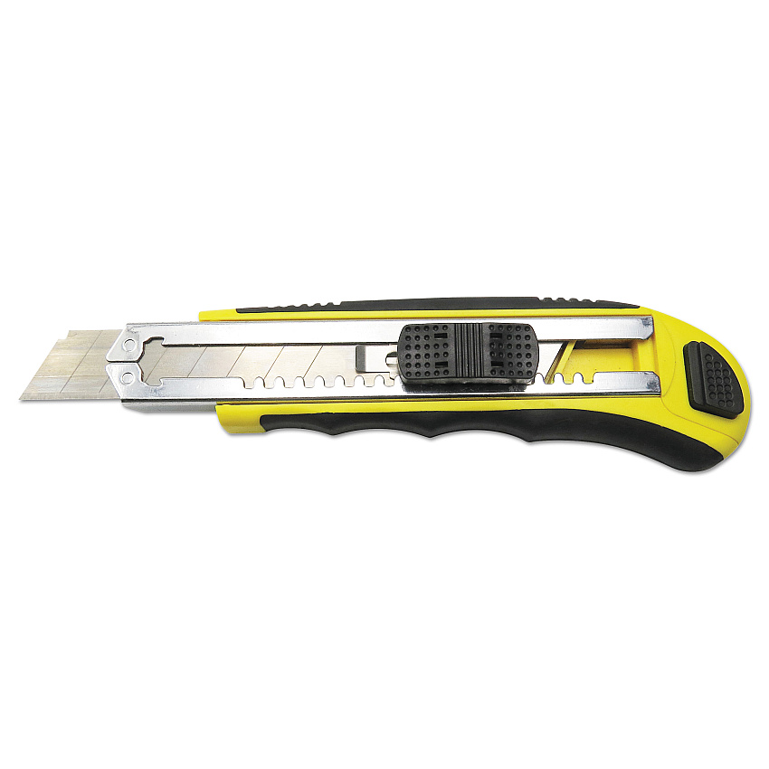 Boardwalk Rubber-Gripped Retractable Snap Blade Knife, 4" Blade, 5.5" Plastic/Rubber Handle, Black/Yellow (BWKUKNIFE25)