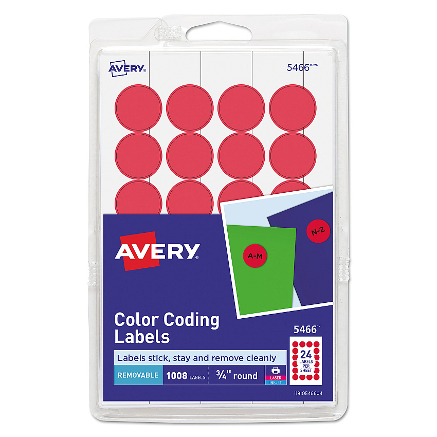 Avery Printable Self-Adhesive Removable Color-Coding Labels, 0.75" dia, Red, 24/Sheet, 42 Sheets/Pack, (5466) (05466)