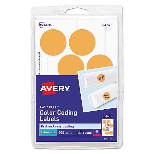 Avery Printable Self-Adhesive Removable Color-Coding Labels, 1.25" dia, Neon Orange, 8/Sheet, 50 Sheets/Pack, (5476) (05476)