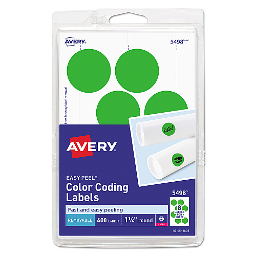 Avery Printable Self-Adhesive Removable Color-Coding Labels, 1.25" dia, Neon Green, 8/Sheet, 50 Sheets/Pack, (5498) (05498)