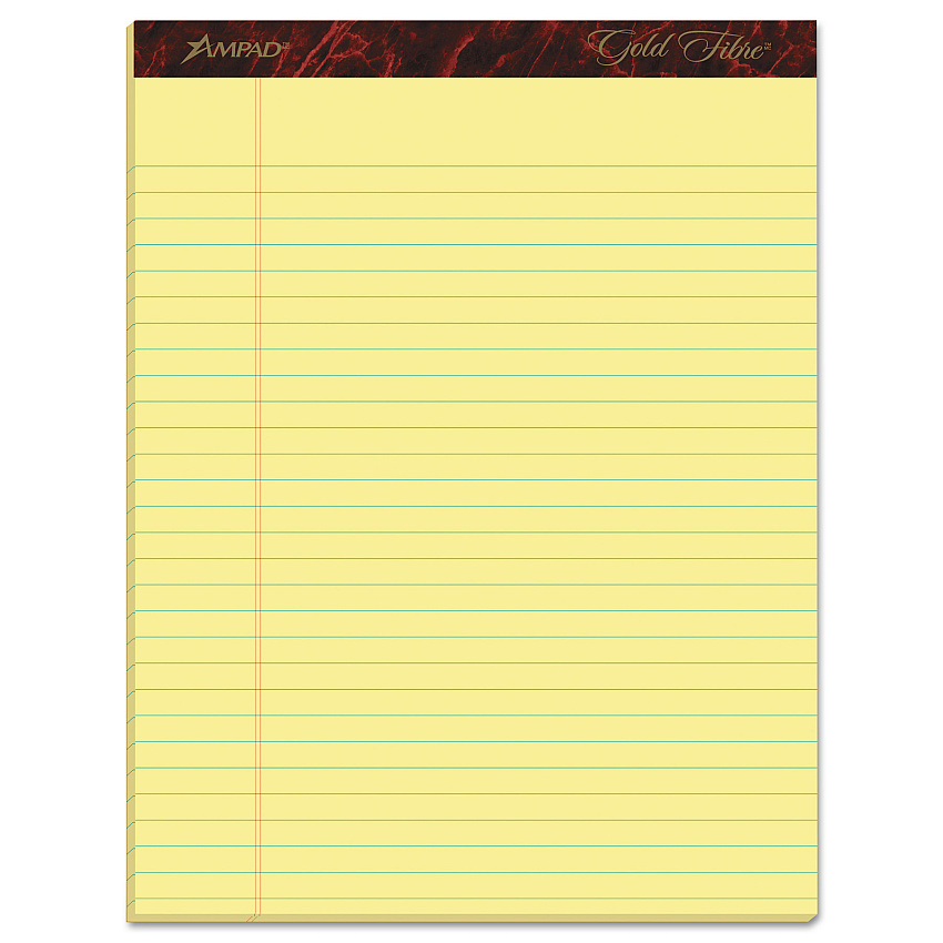 Ampad Gold Fibre Quality Writing Pads, Wide/Legal Rule, 50 Canary-Yellow 8.5 x 11.75 Sheets, Dozen (20020)