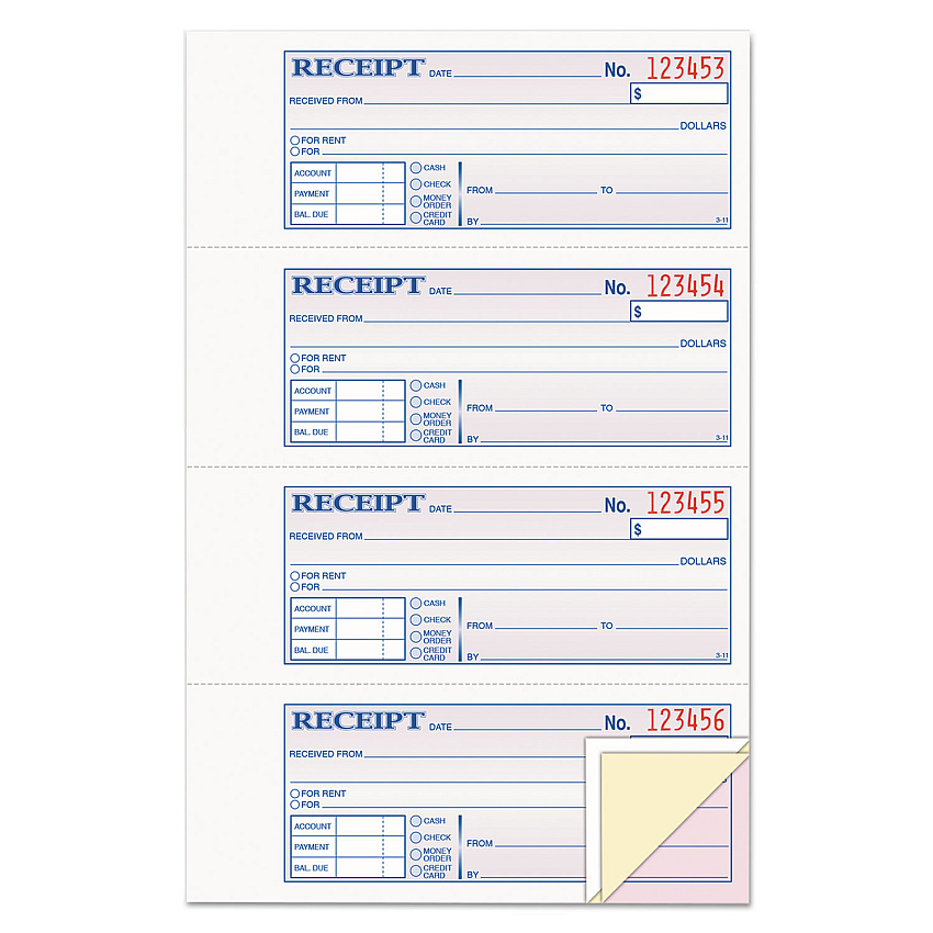 Adams Receipt Book, Three-Part Carbonless, 7.19 x 2.75, 4 Forms/Sheet, 100 Forms Total (TC1182)