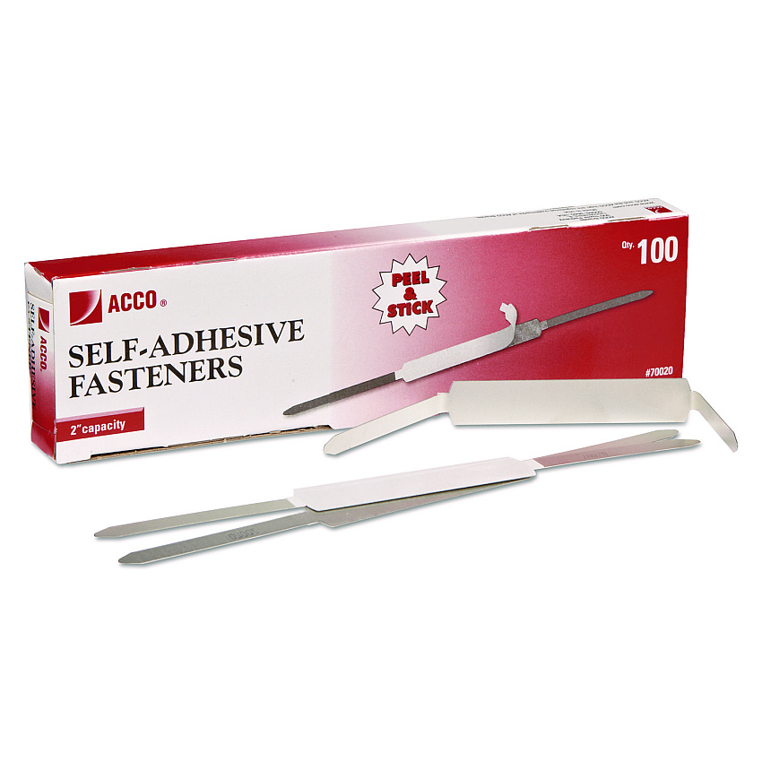 Acco Self-Adhesive Two-Prong Paper Fastener Bases, 2" Capacity, 2.75" Center to Center, Matte Steel, 100/Box (70020)