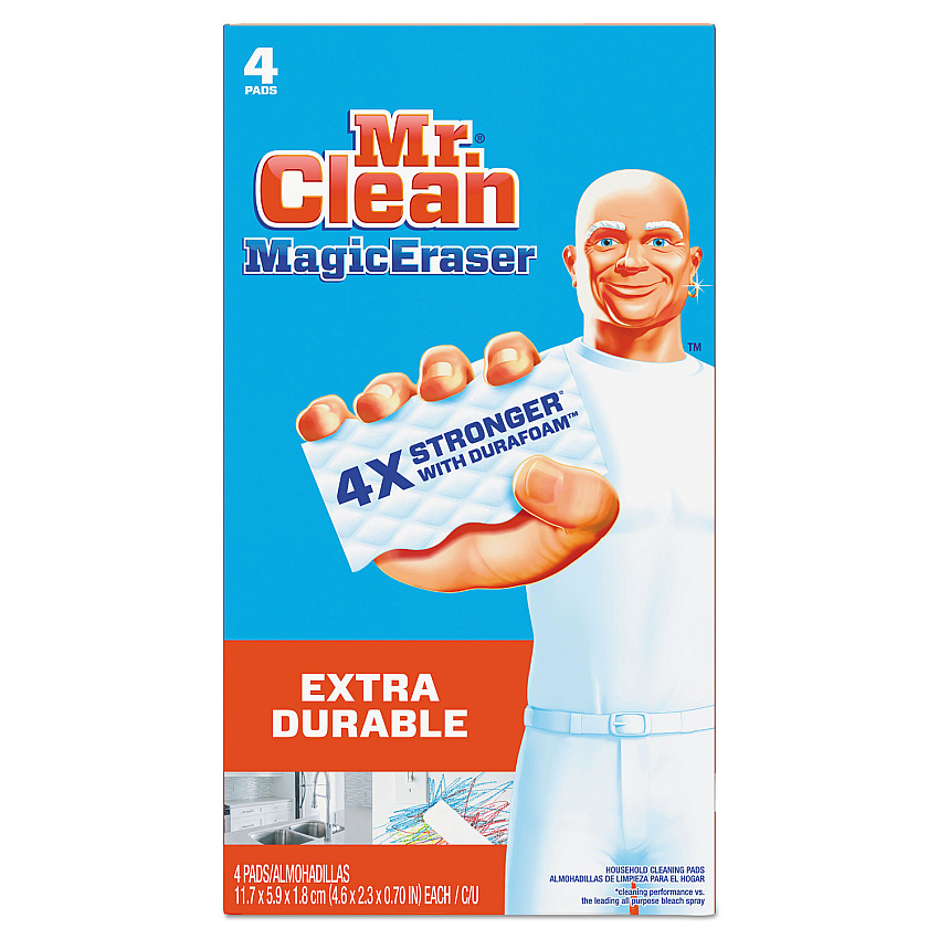 Mr. Clean Magic Eraser Extra Durable, 4.6 x 2.4, 0.7" Thick, 4/Box (82038)