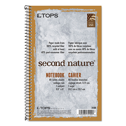 TOPS Second Nature Single Subject Wirebound Notebooks, Medium/College Rule, Light Blue Cover, (80) 9.5 x 6 Sheets (74109)