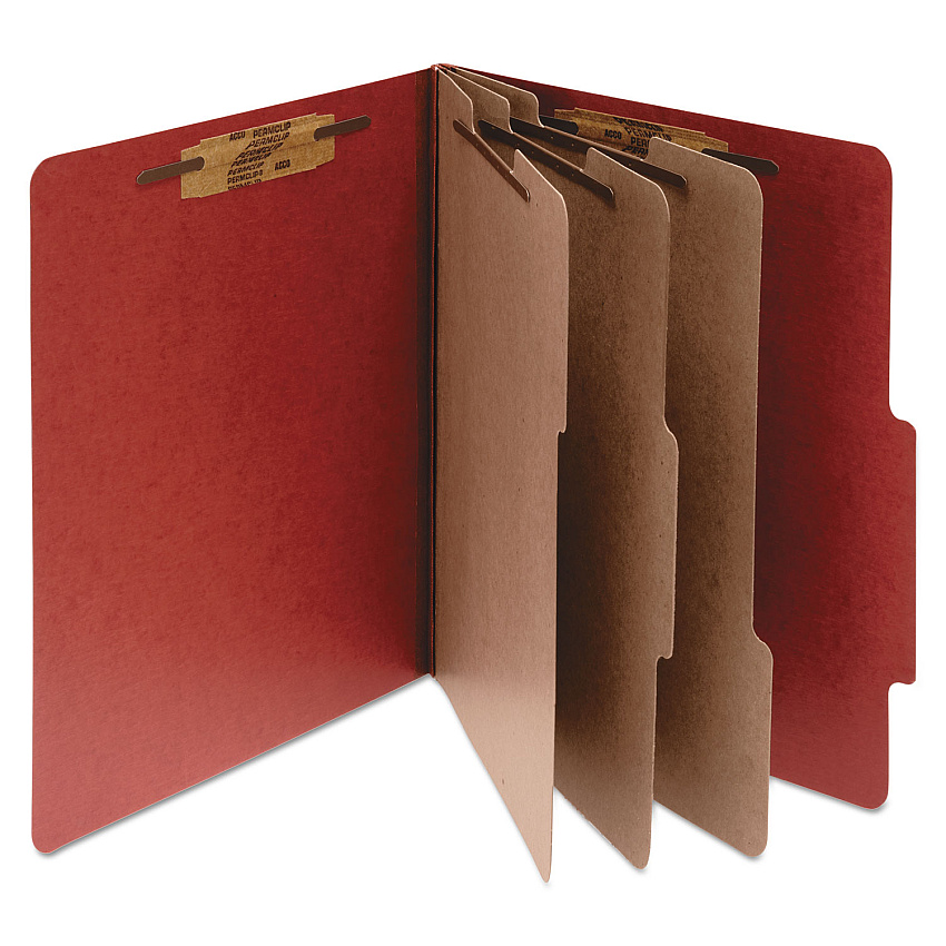Acco Pressboard Classification Folders, 4" Expansion, 3 Dividers, 8 Fasteners, Legal Size, Earth Red Exterior, 10/Box (16038)