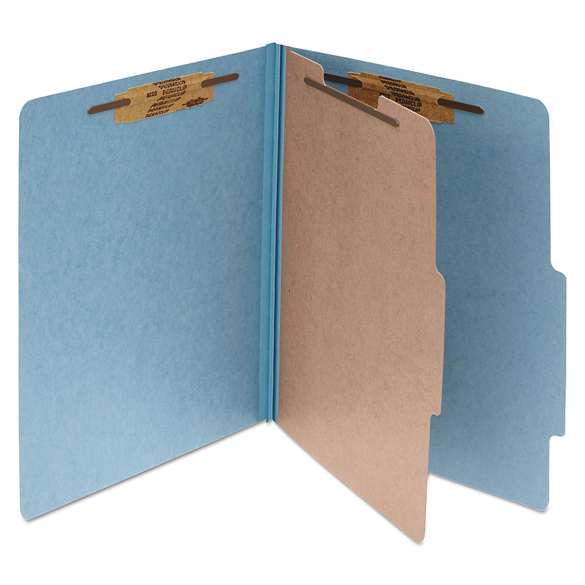 Acco Pressboard Classification Folders, 2" Expansion, 1 Divider, 4 Fasteners, Legal Size, Sky Blue Exterior, 10/Box (16024)