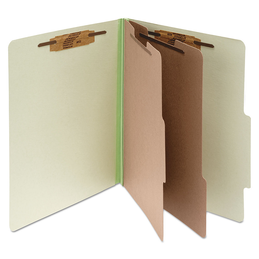 Acco Pressboard Classification Folders, 3" Expansion, 2 Dividers, 6 Fasteners, Legal Size, Leaf Green Exterior, 10/Box (16046)