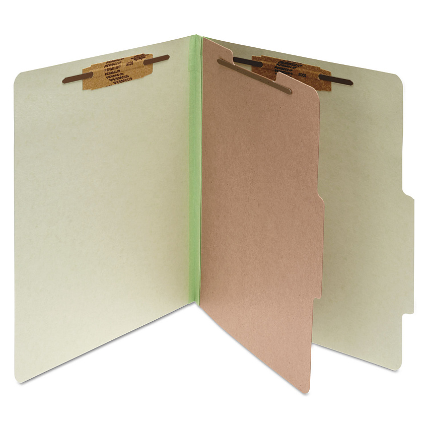 Acco Pressboard Classification Folders, 2" Expansion, 1 Divider, 4 Fasteners, Legal Size, Leaf Green Exterior, 10/Box (16044)