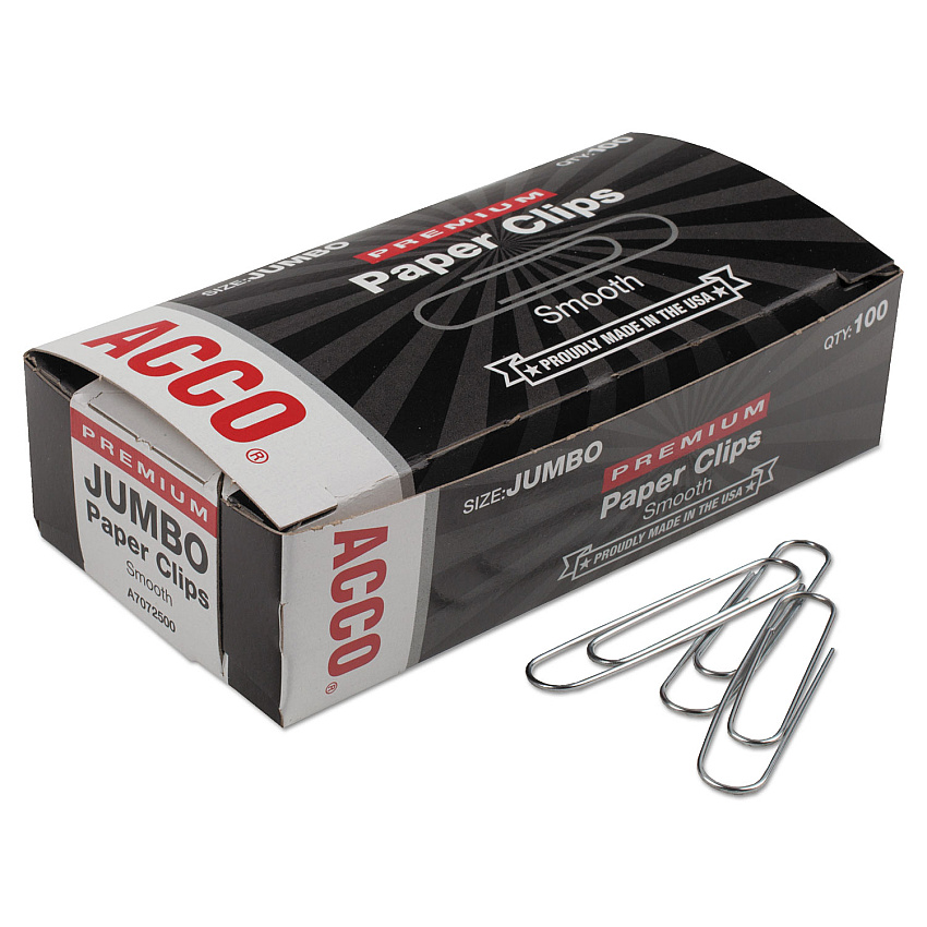 Acco&reg; Finish Premium Paper Clips, Jumbo, Silver, 1,000 Clips per Pack (72500)