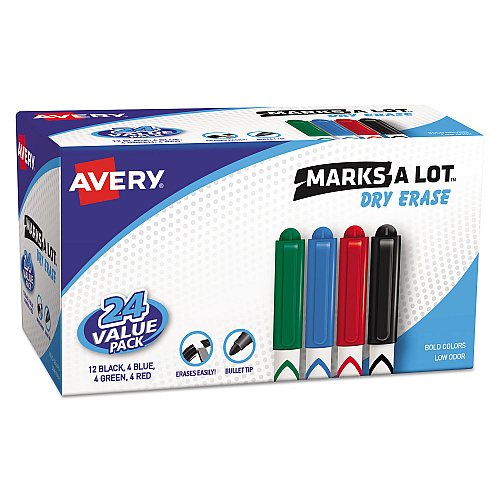 Avery MARKS A LOT Pen-Style Dry Erase Marker Value Pack, Medium Chisel Tip, Assorted Colors, 24/Set (29860)