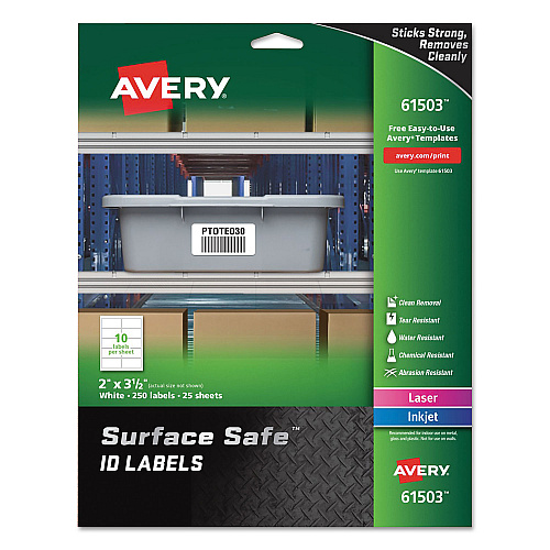 Avery Surface Safe ID Labels, Inkjet/Laser Printers, 2 x 3.5, White, 10/Sheet, 25 Sheets/Pack (61503)