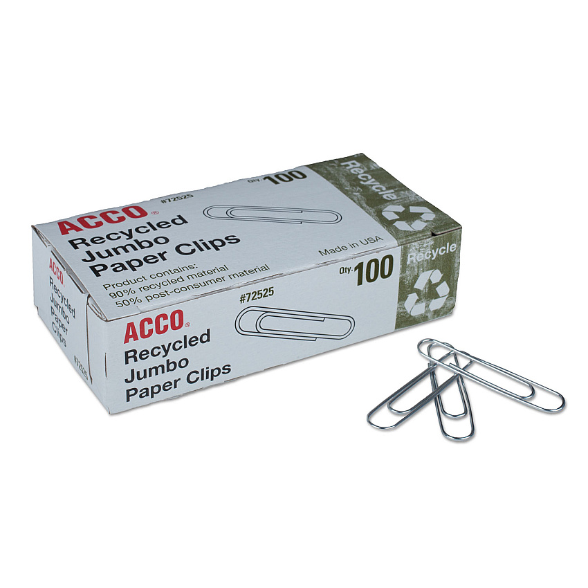 Acco&reg; Recycled Paper Clips, Jumbo, 100/Box, 10 Boxes/Pack (72525)