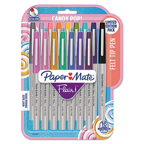 Paper Mate Flair Felt Tip Porous Point Pen, Stick, Extra-Fine 0.4 mm, Assorted Ink Colors, Gray Barrel, 16/Pack (2027233)
