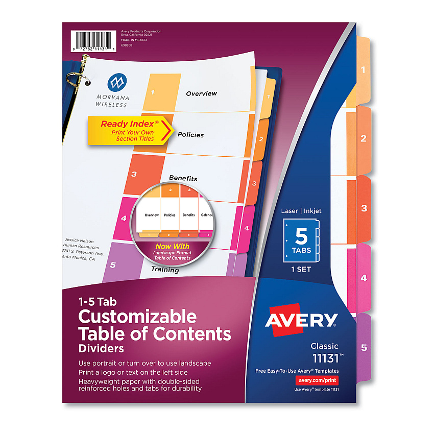 Avery Customizable TOC Ready Index Multicolor Tab Dividers, 5-Tab, 1 to 5, 11 x 8.5, White, Traditional Color Tabs, 1 Set (11131)