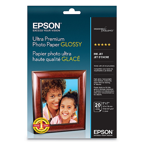 Epson Ultra Premium Photo Paper Glossy, 11.8 mil, 5 x 7, Glossy White, 20/Pack (S041945)