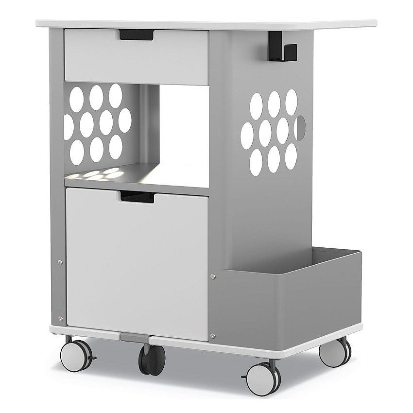 Safco Mobile Storage Cart, Metal, 2 Shelves, 2 Drawers, 1 Bin, 150 lb Capacity, 28" x 20" x 33.5", White (5202WH)