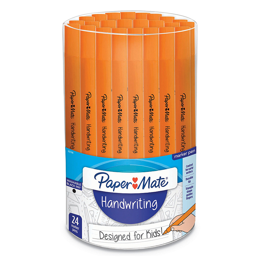 Paper Mate Handwriting Triangular Plastic Point Pen, 0.7mm, Black Ink, Orange Barrel, 24/Pack (2021788)