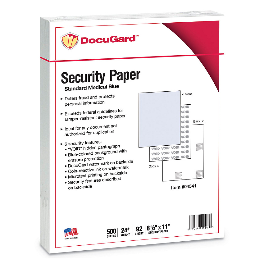 DocuGard Medical Security Papers, 24 lb Bond Weight, 8.5 x 11, Blue, 500/Ream (04541)