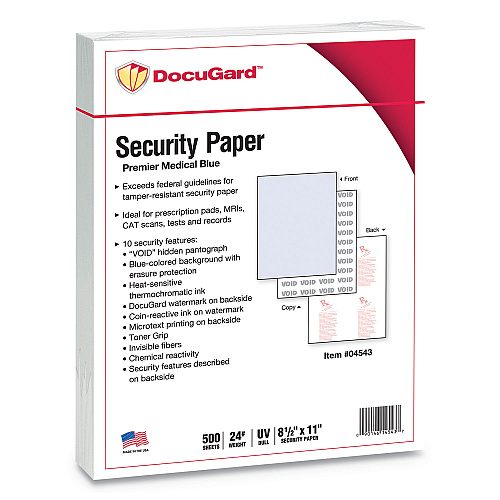 DocuGard Medical Security Papers, 24 lb Bond Weight, 8.5 x 11, Blue, 500/Ream (04543)