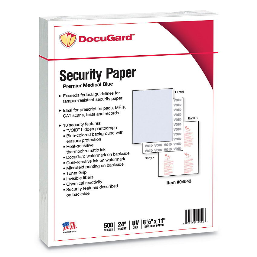 DocuGard Medical Security Papers, 24 lb Bond Weight, 8.5 x 11, Blue, 500/Ream (04543)